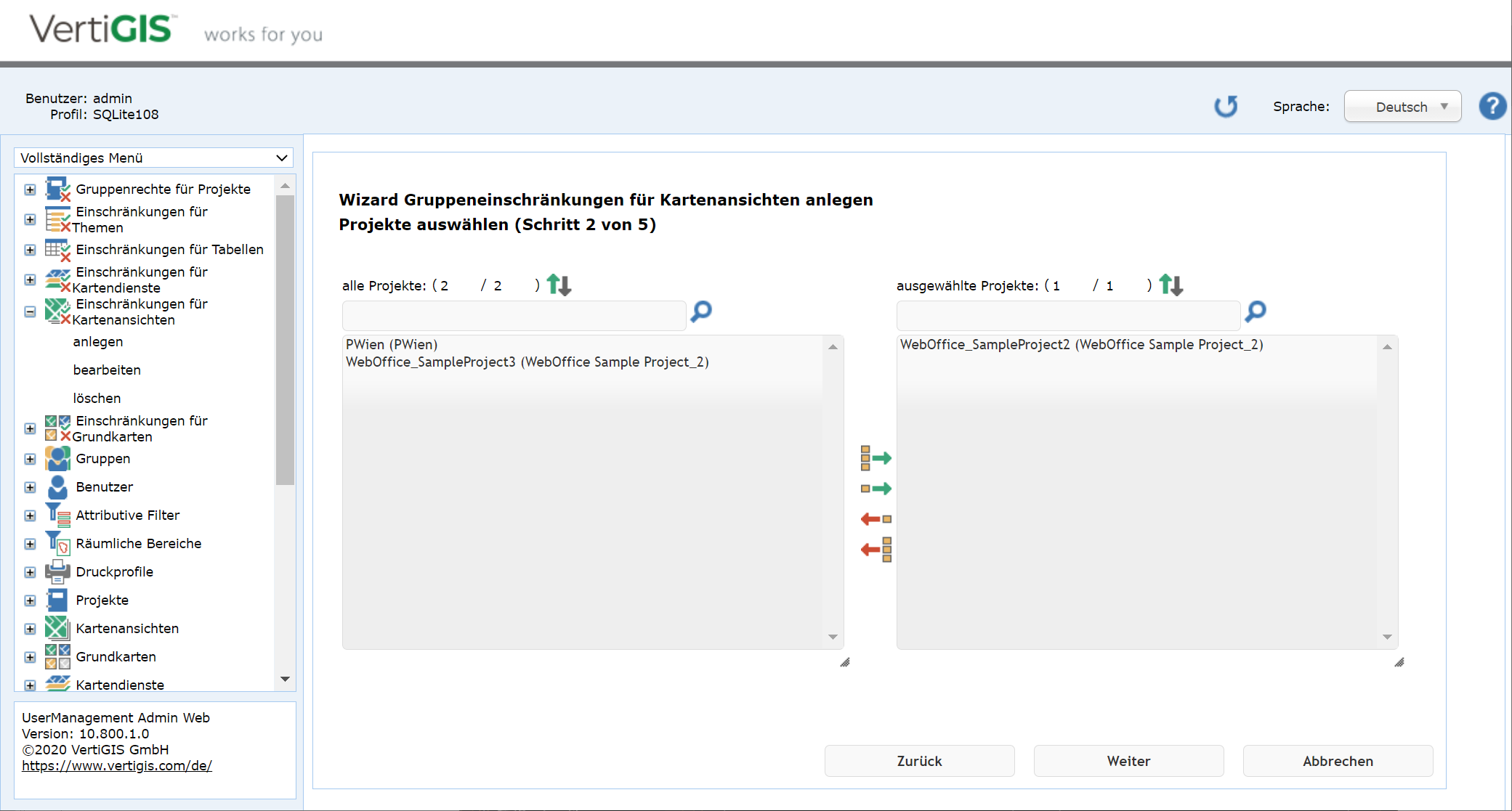 Gruppeneinschränkungen für Kartenansichten anlegen - Schritt 2 Projekte auswählen