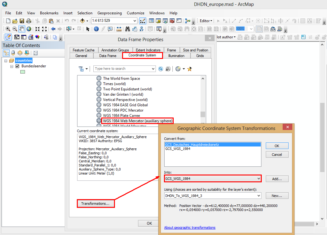 Konfiguration der Transformation am Hauptkartendienst in ArcMap