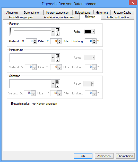 Einstellung des Rahmen in den Datenrahmen Eigenschaften