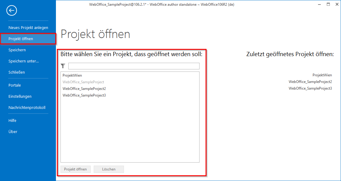 WebOffice author standalone - Laden der Projektkonfiguration