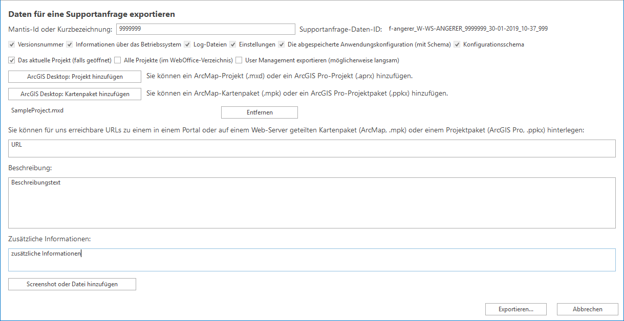 Daten für eine Supportanfrage exportieren