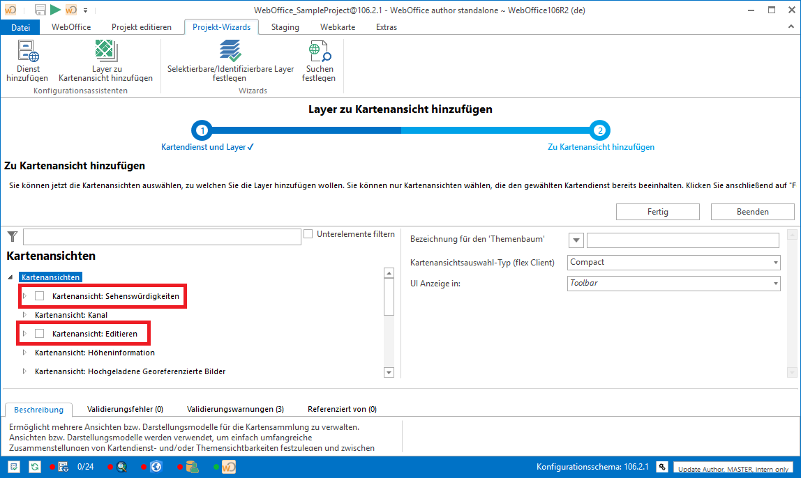 Auswahl in welche Kartenansichten die gewählten Layer übernommen werden sollen