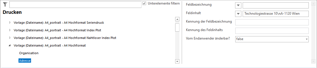 Konfiguration Adresse der Organisation