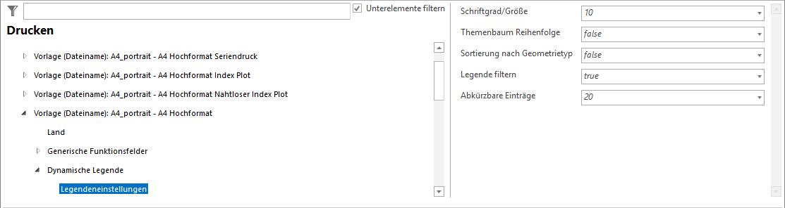 Legendeneinstellungen für eine Druckvorlage