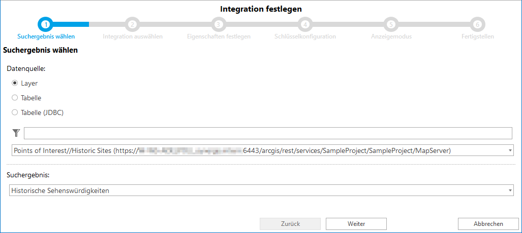 Auswahl des Suchergebnisses, für das die Integration erstellt werden soll