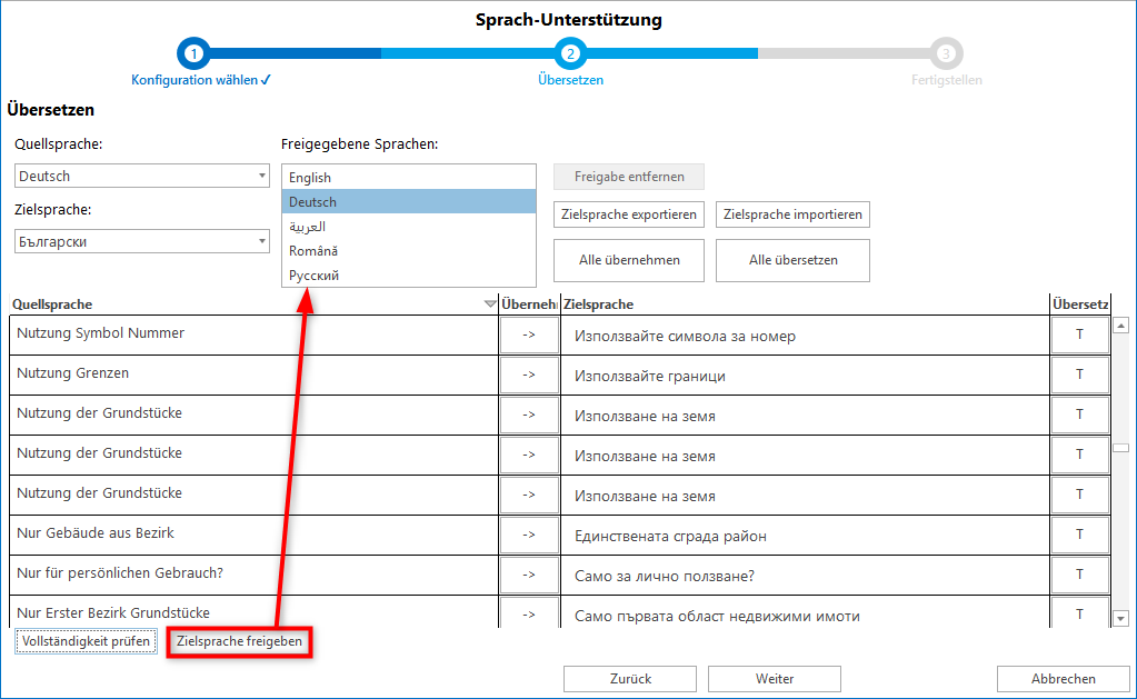 Zielsprache freigeben