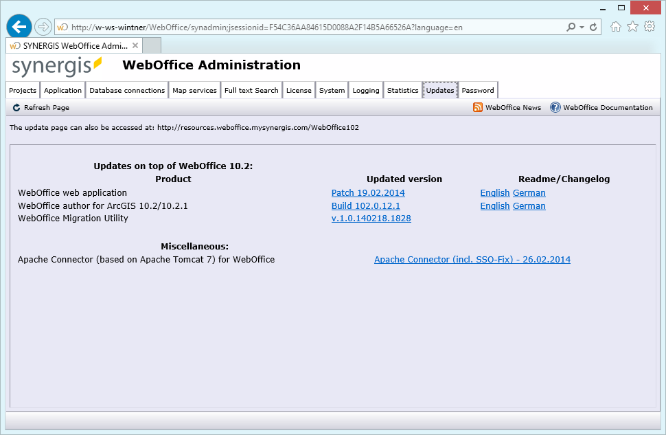 SynAdmin updates tab
