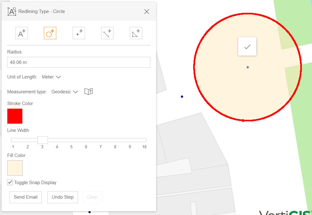 Set a circle via snapping with customized display in the WebOffice flex client.