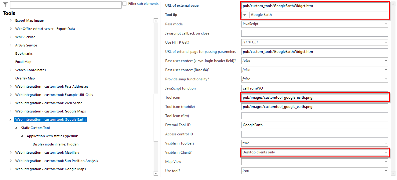 Configuring a custom tool for using the Google Earth © widget