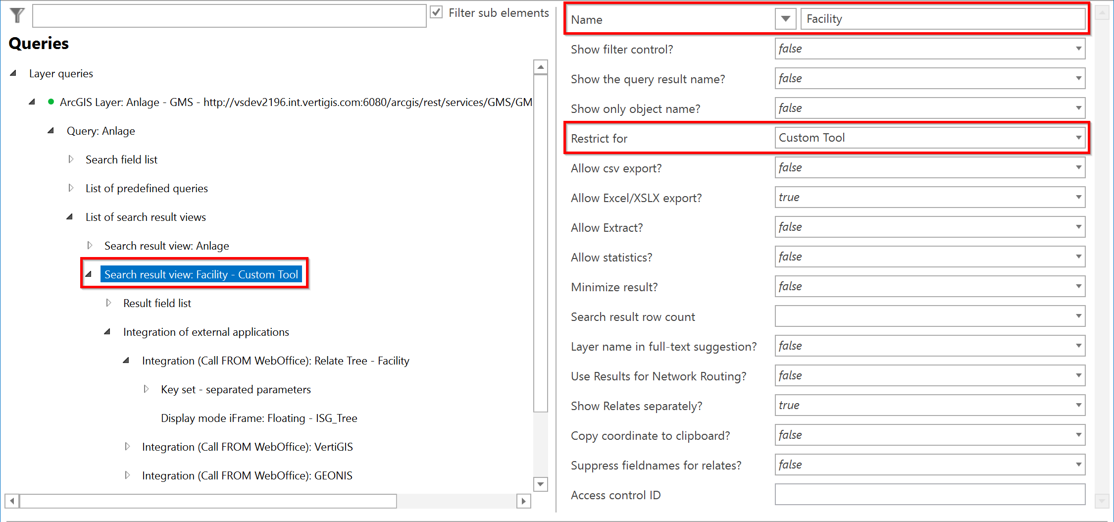 Configuration of a search result view in the WebOffice author standalone