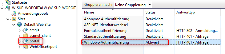 Portal Web Adaptor in IIS Manager: Windows authentication enabled