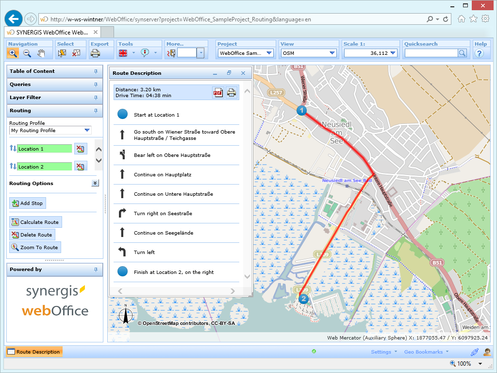Route in map in the WebOffice html client