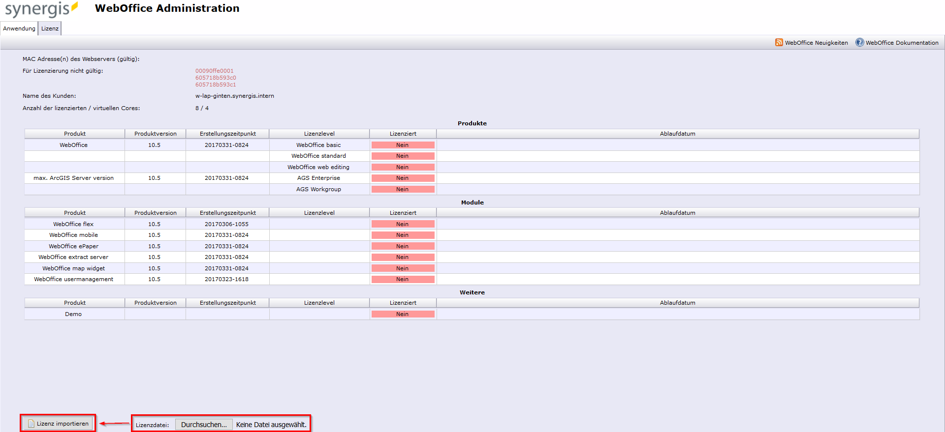 Import license via SynAdmin Import license via SynAdmin