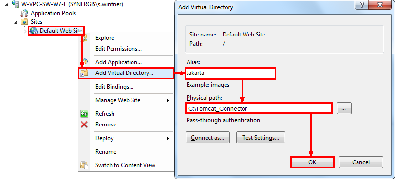 Add a virtual directory 'Jakarta' in the IIS Manager