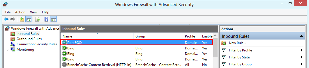 Windows Firewall with Advanced Security - active rule opening port 8080