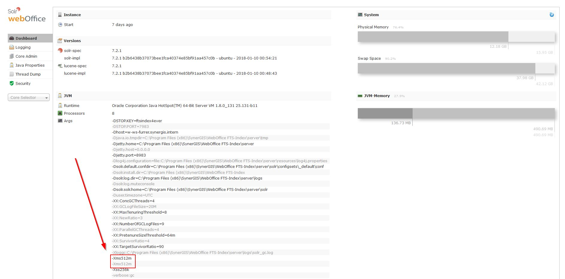 Current memory settings in Solr Web-Admin