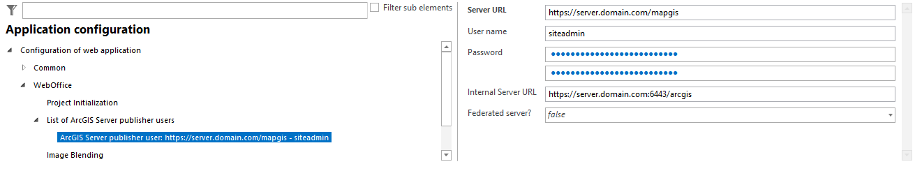Example of an administrative ArcGIS Publisher login information. User name "siteadmin" has administrative access on the ArcGIS Admin GUI. Configuration of the internal Server URL using the suggested Web Adapter ("mapgis" for example)