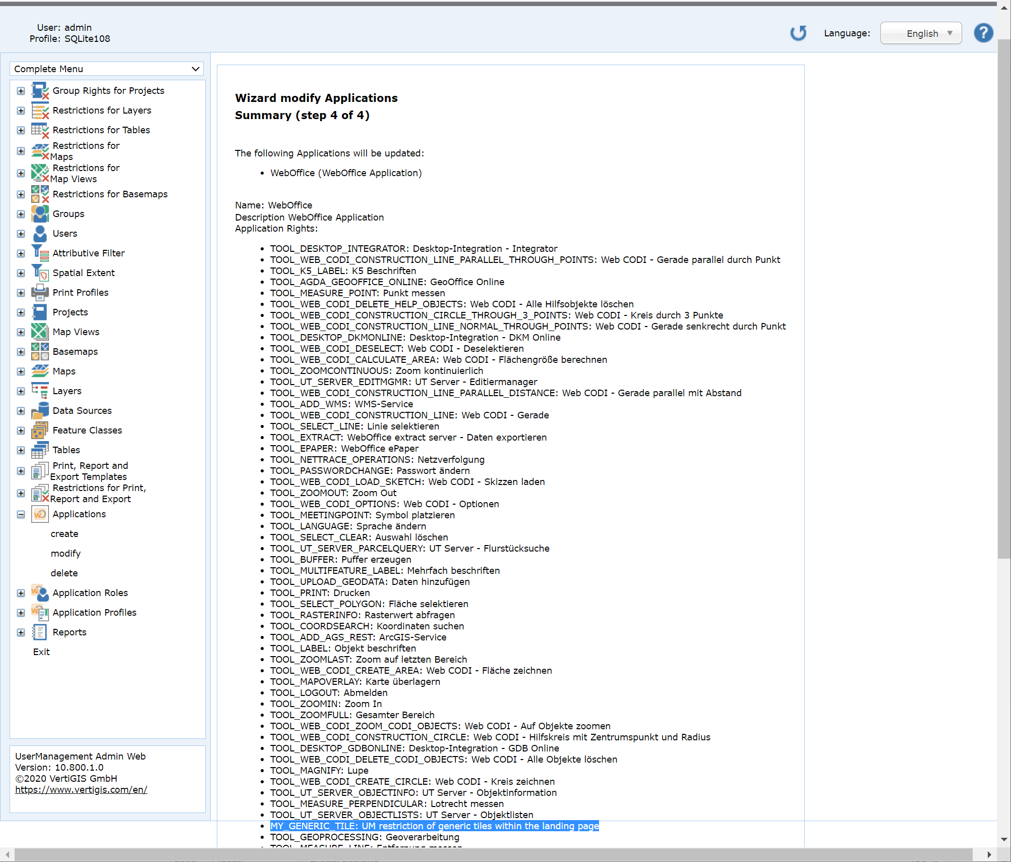 Modify applications - Summary and finish of the wizard