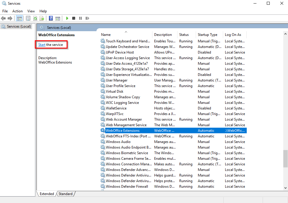 Start WebOffice Extensions Service