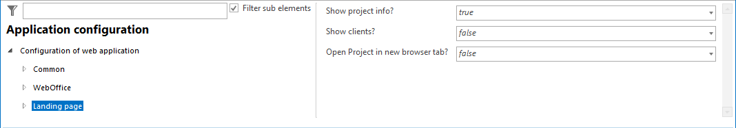Basic settings of the Landing Page in application configuration Basic settings of the Landing Page in application configuration