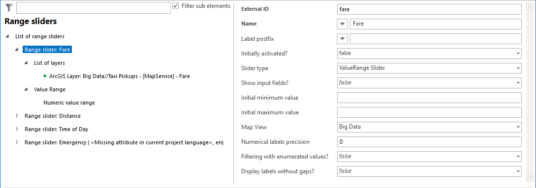 Configuration of a range slider