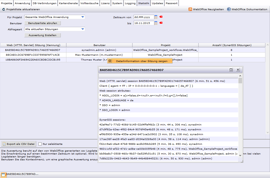 SynAdmin Reiter Statistik - Alle aktuellen Sitzungen SynAdmin Reiter Statistik - Alle aktuellen Sitzungen