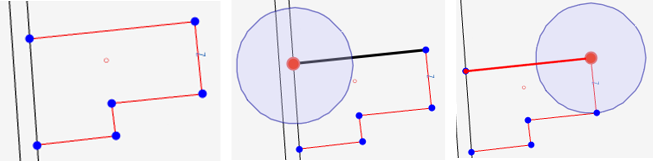 Gebäudeumriss (links), Punkt 1 der Basislinie (Mitte), Punkt 2 der Basislinie (rechts)