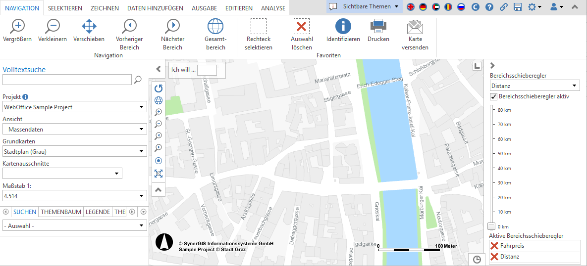 Geöffneter Bereichsschieberegler im WebOffice core Client