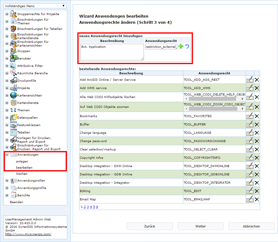 UserManagement Admin Web - Anwendungsrechte