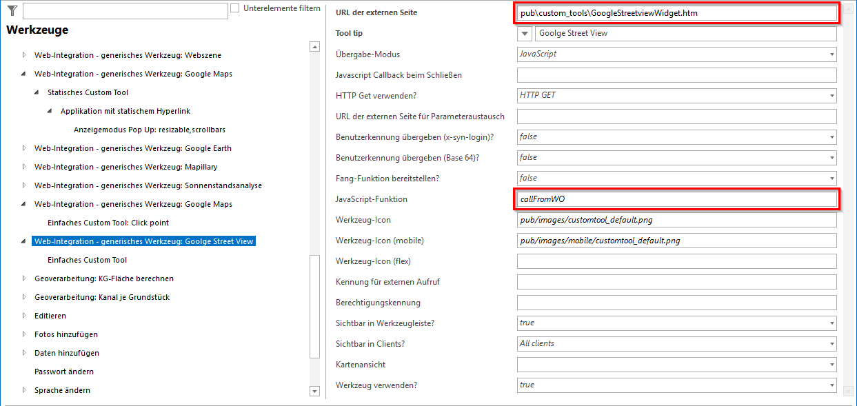 Konfiguration eines generischen Werkzeuges für Google Street View