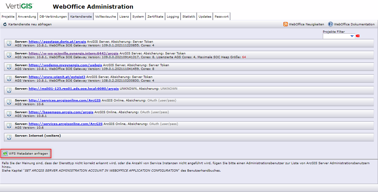 WFS Metadaten anfragen im Reiter "Kartendienste" in SynAdmin