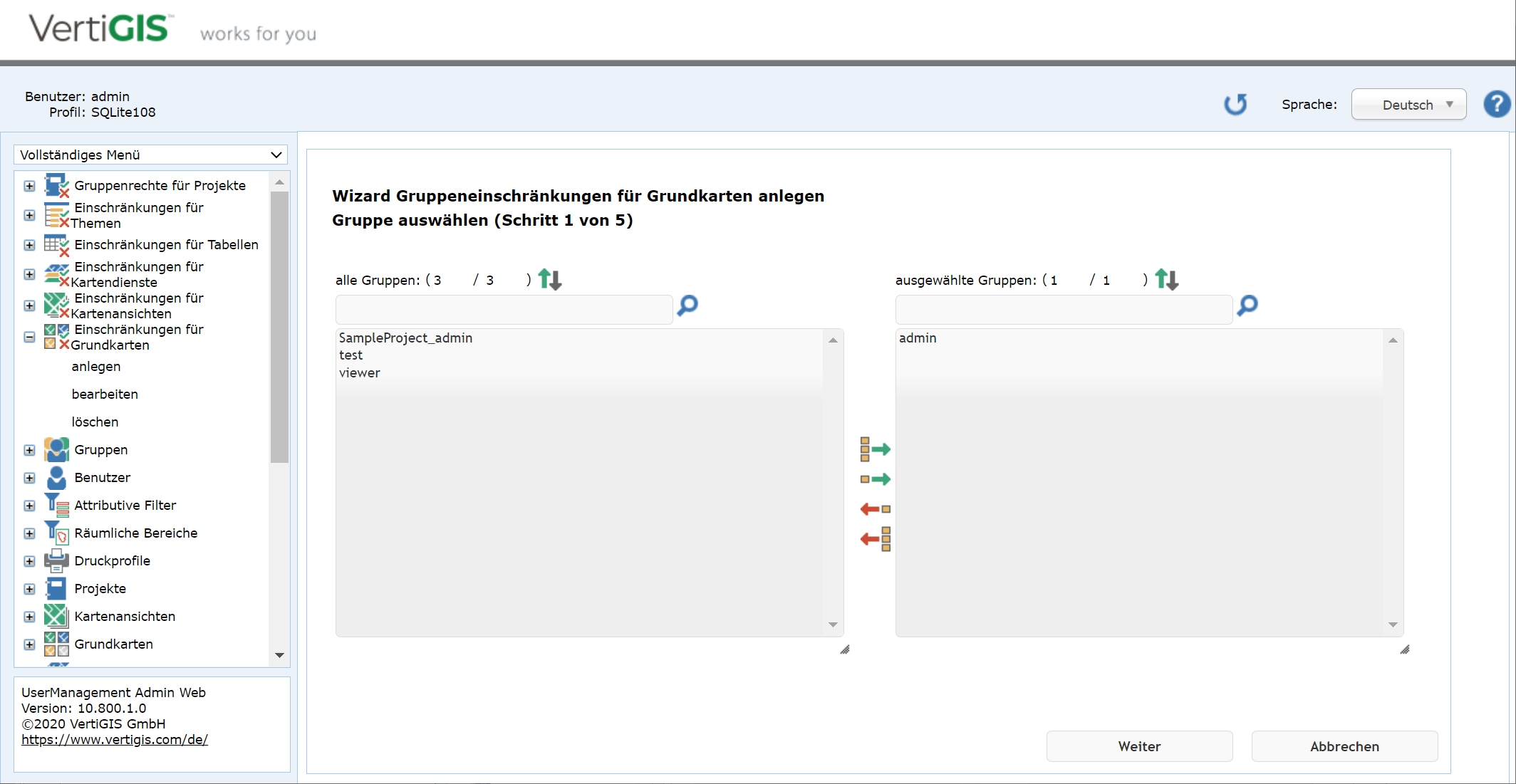 Gruppeneinschränkungen für Grundkarten anlegen - Schritt 1 Gruppe auswählen