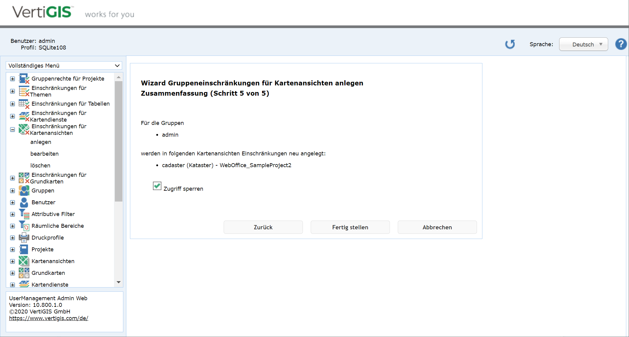 Gruppeneinschränkungen für Kartenansichten anlegen - Schritt 5 Zusammenfassung