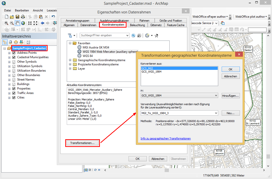 Konfiguration der Transformation des Hauptkartendienstes in ArcMap Konfiguration der Transformation des Hauptkartendienstes in ArcMap