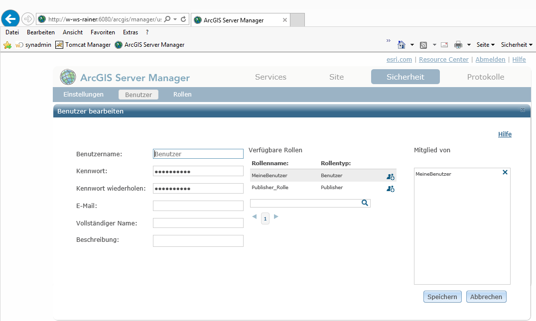 Erstellen eines "Benutzer" als Mitglied der Rolle "MeineBenutzer" im ArcGIS Server Manager Erstellen eines "Benutzer" als Mitglied der Rolle "MeineBenutzer" im ArcGIS Server Manager