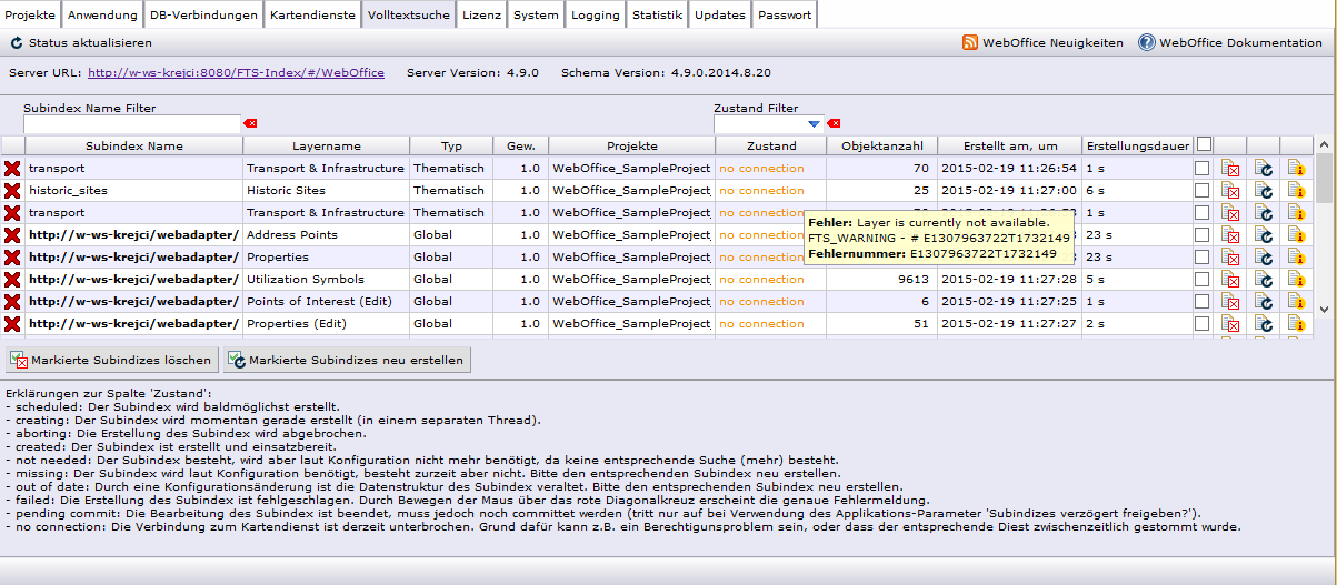 Darstellung des Zustand "no connection" im SynAdmin