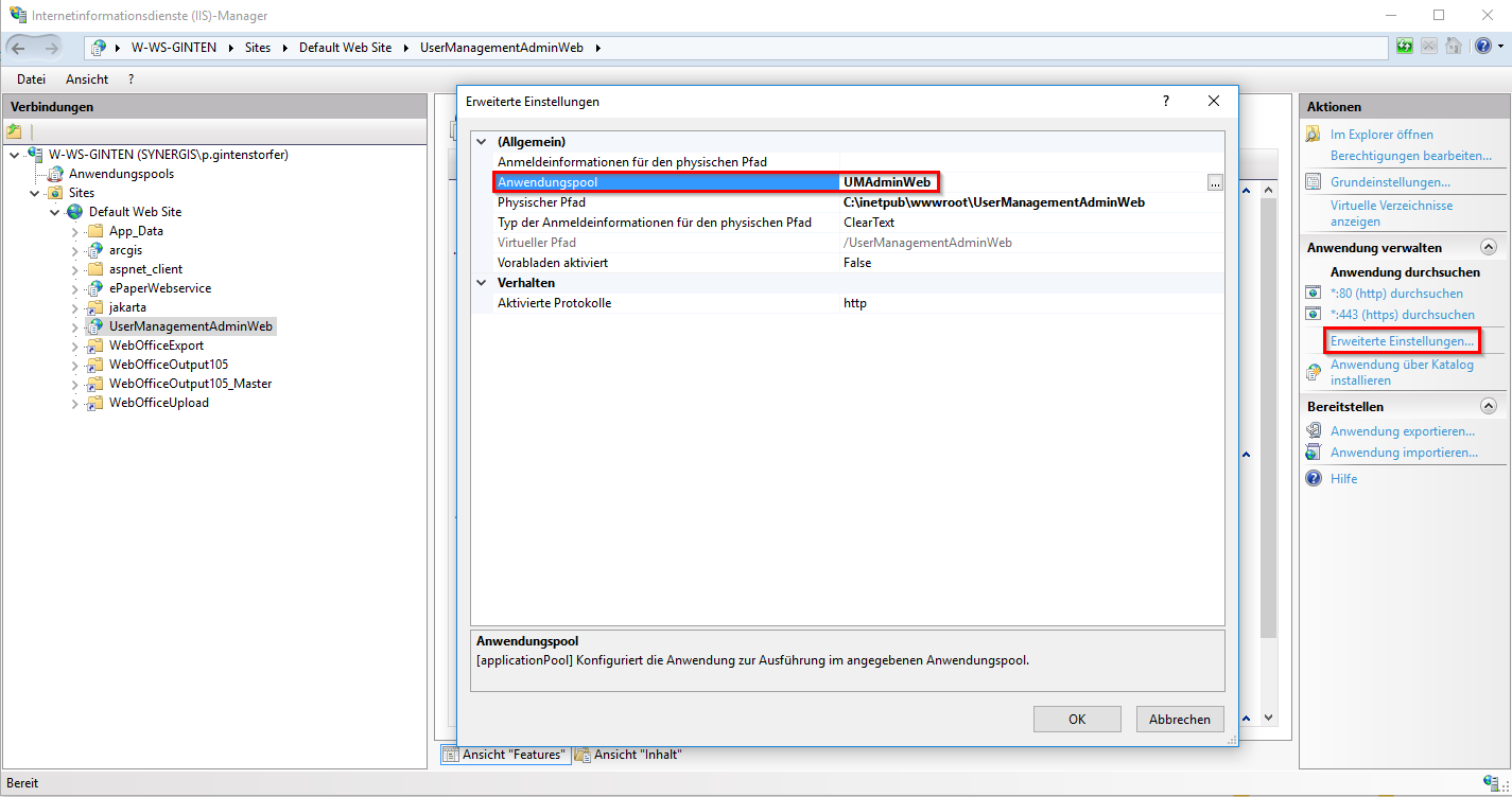 Weisen Sie den Anwendungspool UMAdminWeb Ihrer UserManagement Admin Web Anwendung zu