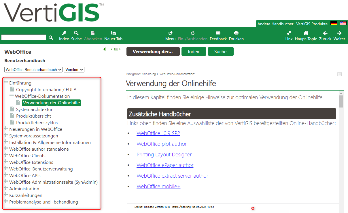Inhalt - Themenbaum der Onlinehilfe