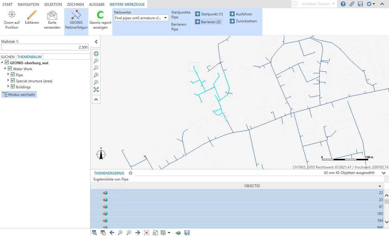Ergebnis der GEONIS Netzverfolgung im WebOffice core Client