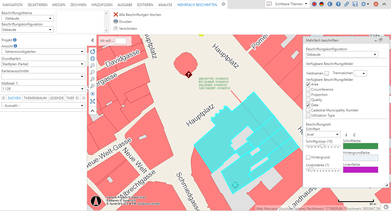 Beschriftung mehrerer Objekte im WebOffice core Client - Selektion mehrerer Polygone