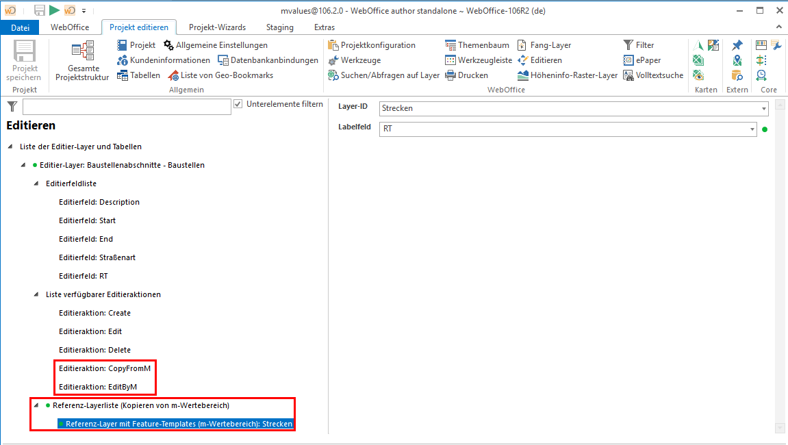 Konfiguration eines Editier-Layer mit Editieraktionen "CopyfromM" und "EditByM" sowie Referenz-Layer mit m-Wertebereich