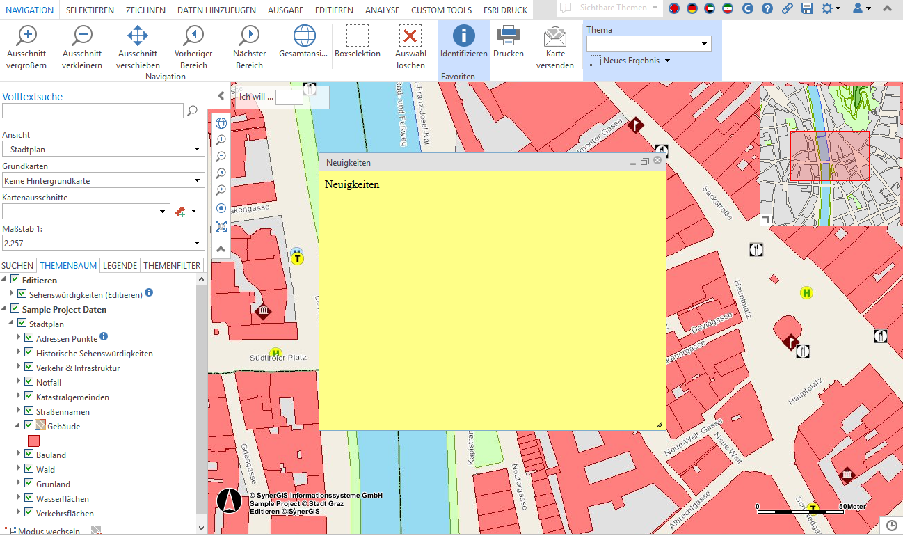 Projektaufruf mit einem GUI-Modul, das Neuigkeiten präsentiert
