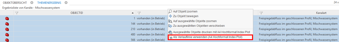 Selektion von Linienobjekten und Auswahl des Indexdrucks