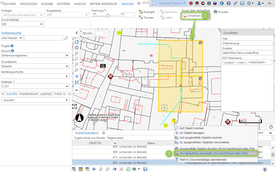 Verlauflinie eines Indexdrucks anhand einer Feature-Geometrie umkehren