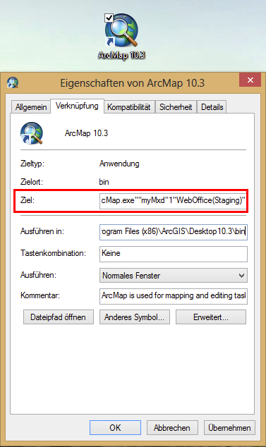 Hinzufügen von Parametern zum Ziel von ArcMap.exe
