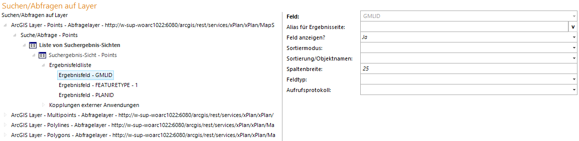 Suchergebnis-Sicht mit den drei wichtigen xPlanung Feldern