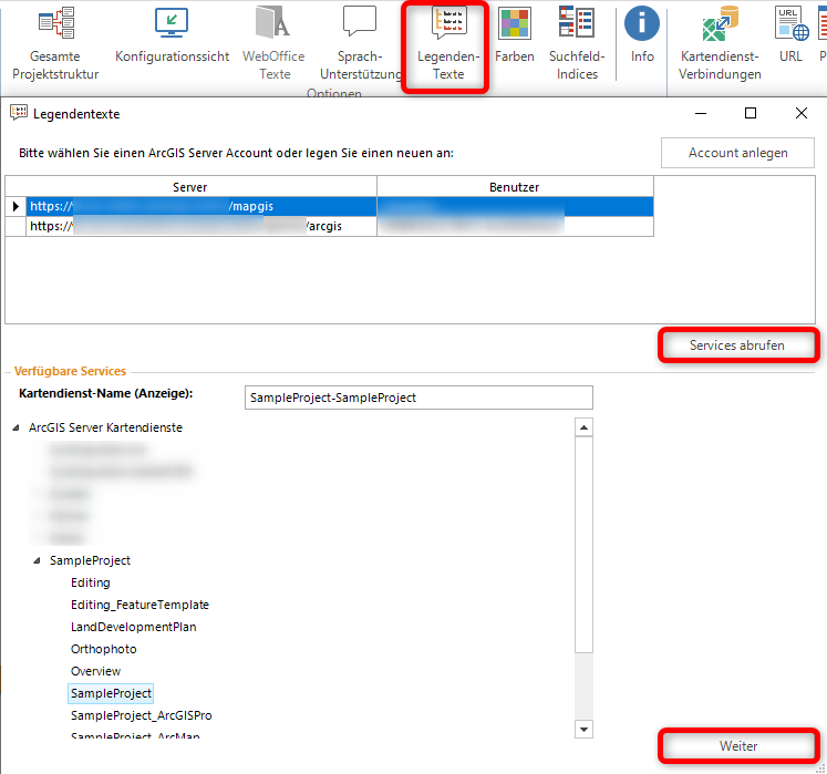 Öffnen im WebOffice author (ArcMap) von Legenden-Texte und Kartendienst auswählen