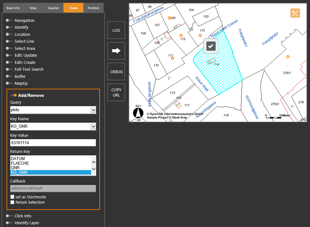 WebOffice map widget Testcontainer - Werkzeug AddRemove