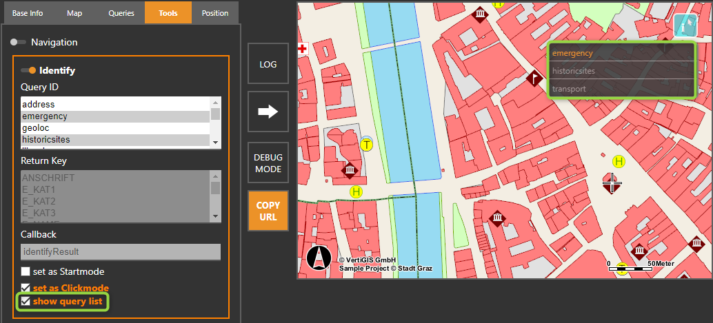 WebOffice map widget Testcontainer - Identify mit aktivierter Themenliste