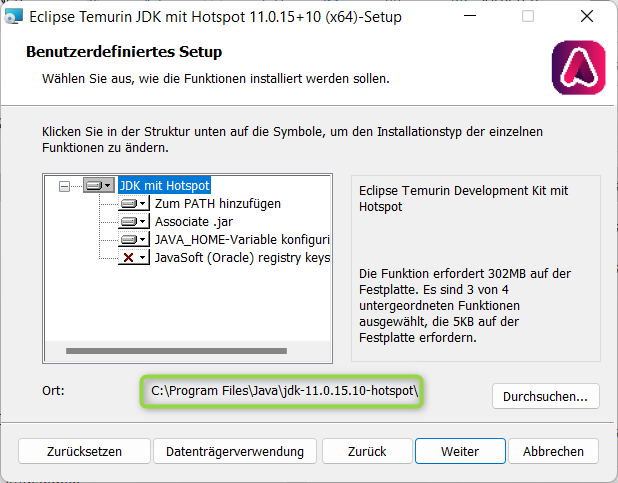 Auswahl der Installationskomponenten und Anpassung des Installationspfades